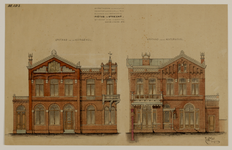 216552 Opstanden van de voor- en achtergevel van het ontwerp voor een kantoor van de Levensverzekeringsmaatschappij ...